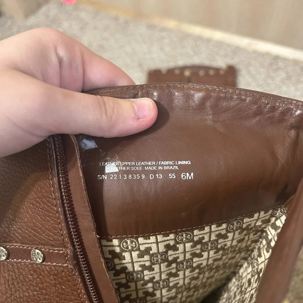 Tory Burch Mae Gold Studs Brown Pebble Leather Tall Riding Boots Women's Size 6